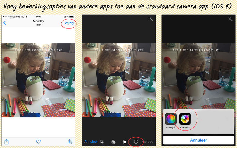 iPhone fotografie, camera+ tutorial, toevoegen camera+ beweringsopties aan basis camera, iOS 8